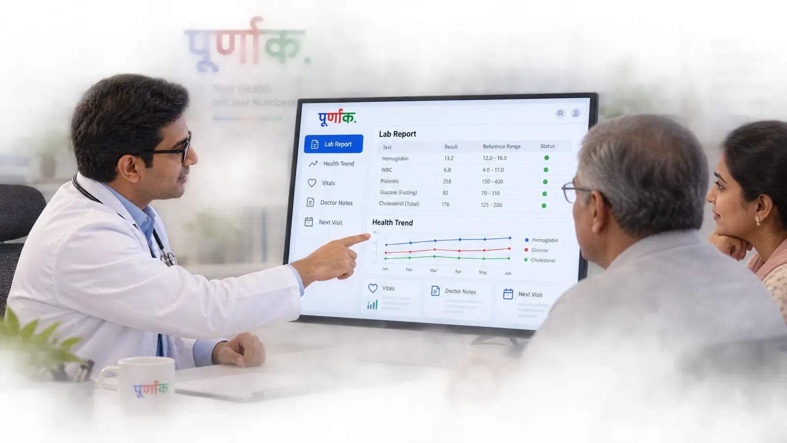 Doctor explaining lab results and health trends on a Purnank screen