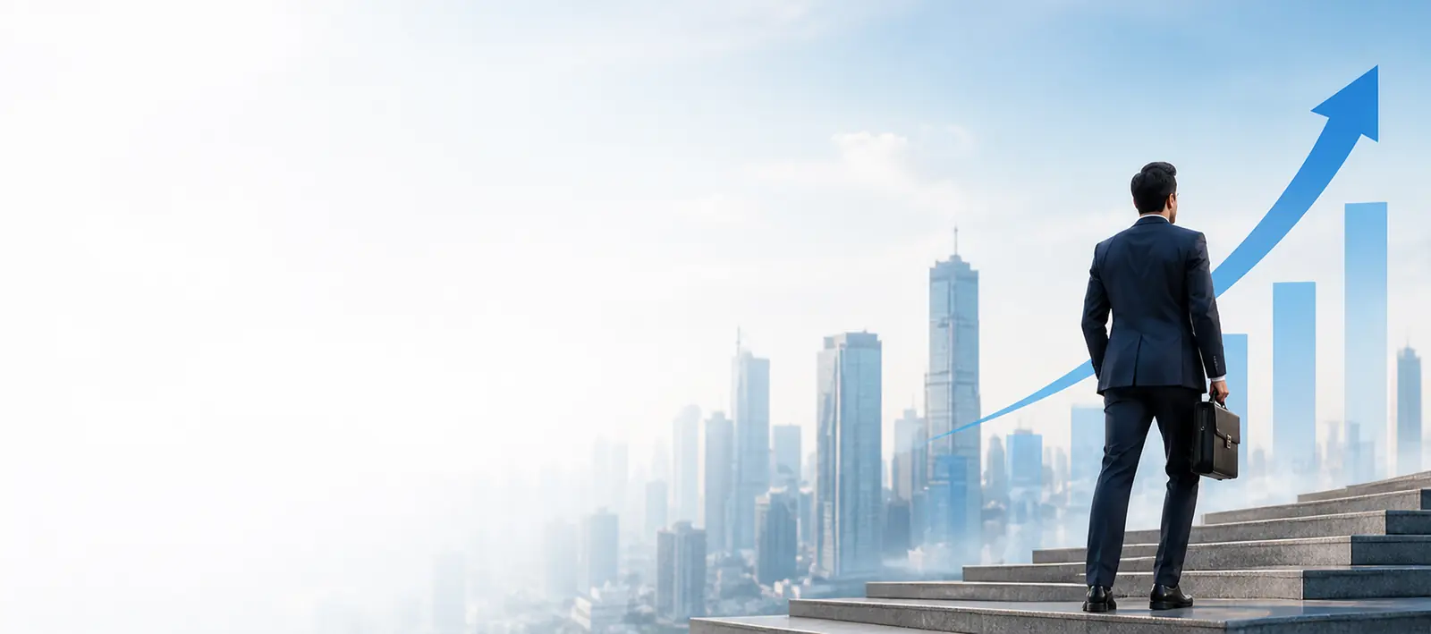 A professional climbing steps towards a city skyline