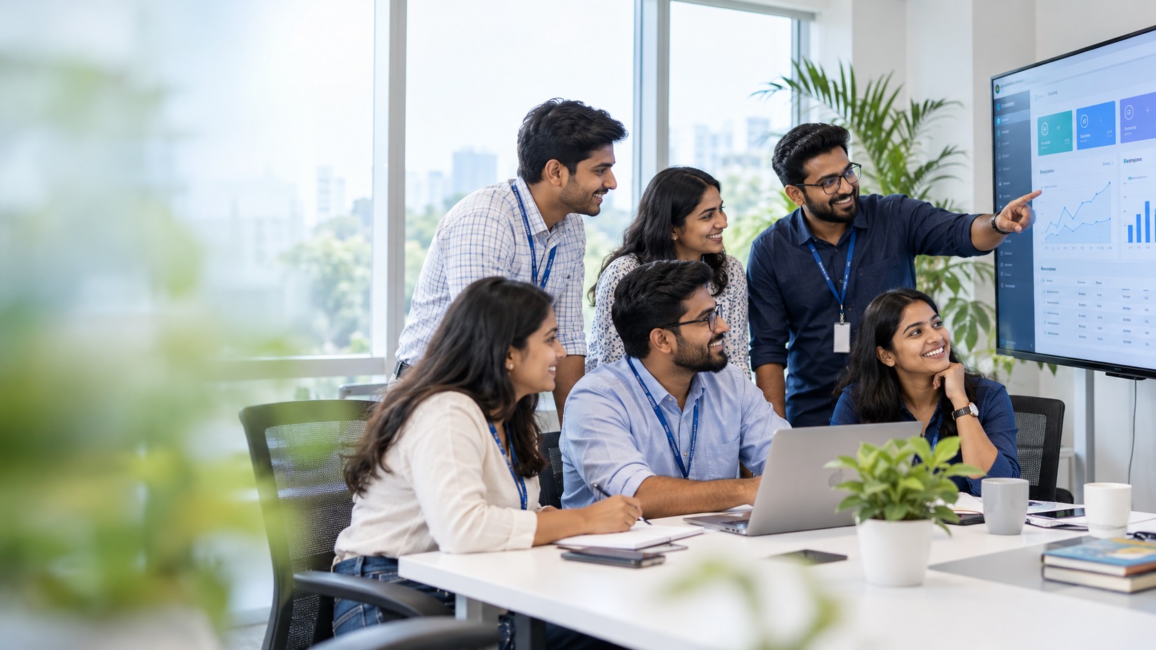 A Purnank team discussing a product dashboard together around a shared screen and laptop