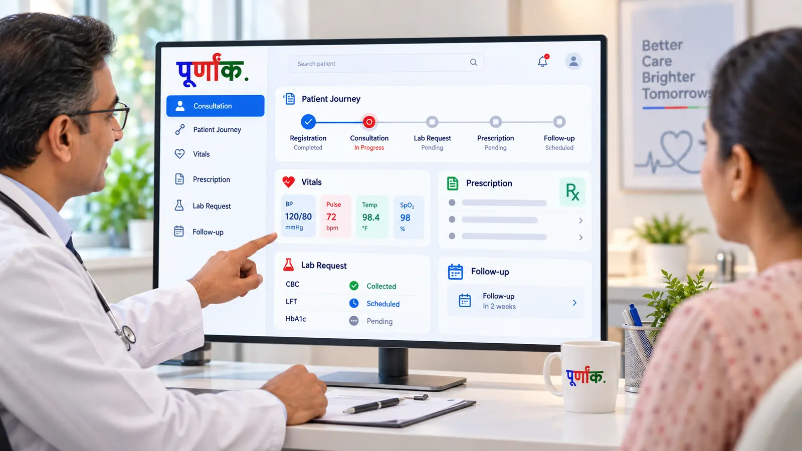 Doctor explaining a Purnank hospital dashboard to a patient