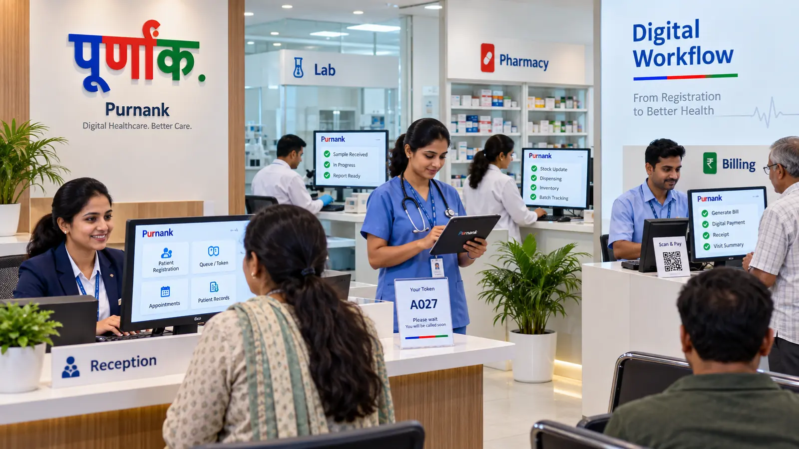 Reception, lab, pharmacy and billing desks in a hospital running on Purnank