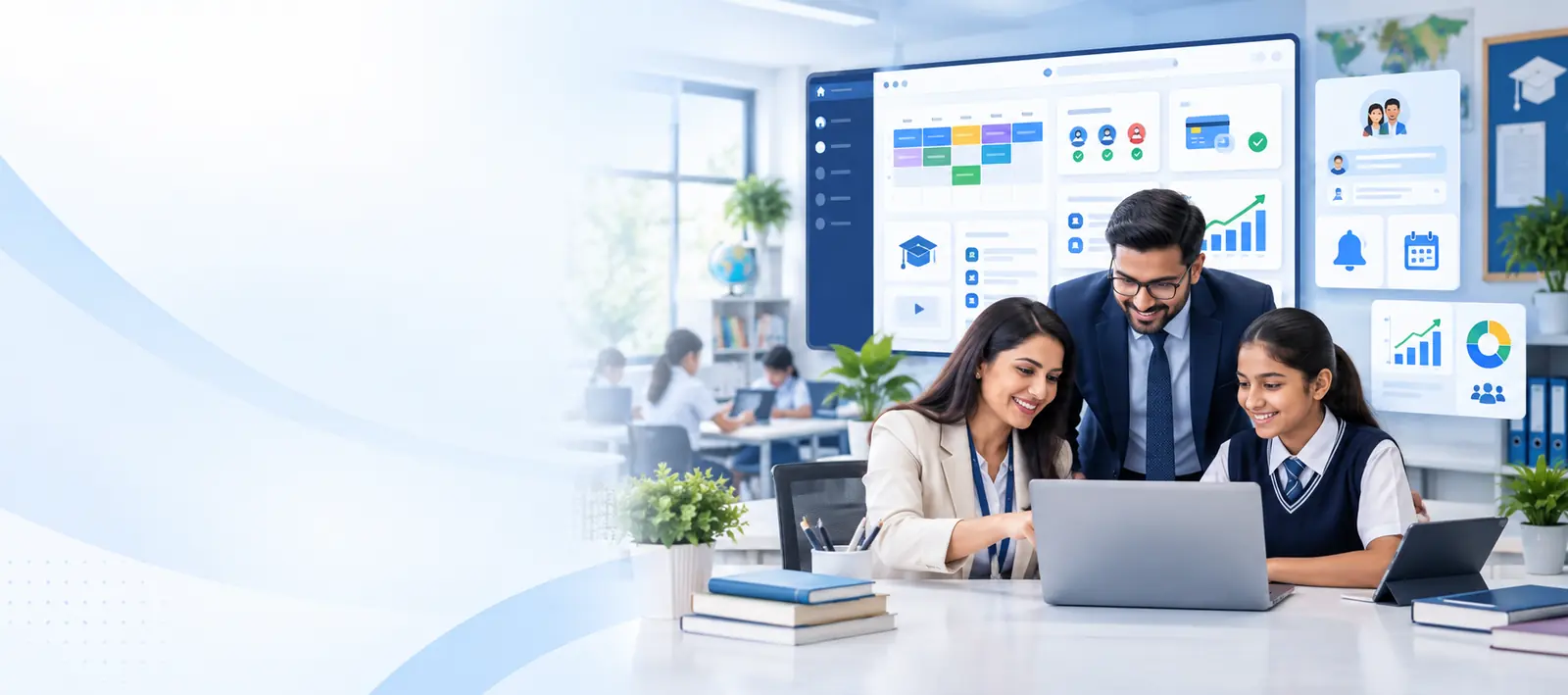 Teacher, principal and student reviewing a campus dashboard