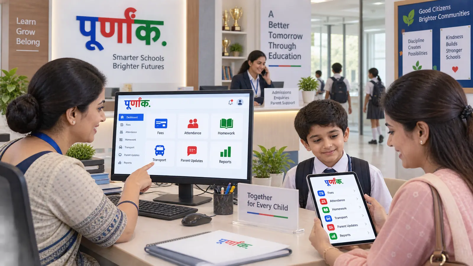 School front desk handling fees and parent updates on Purnank, with a parent app on a tablet