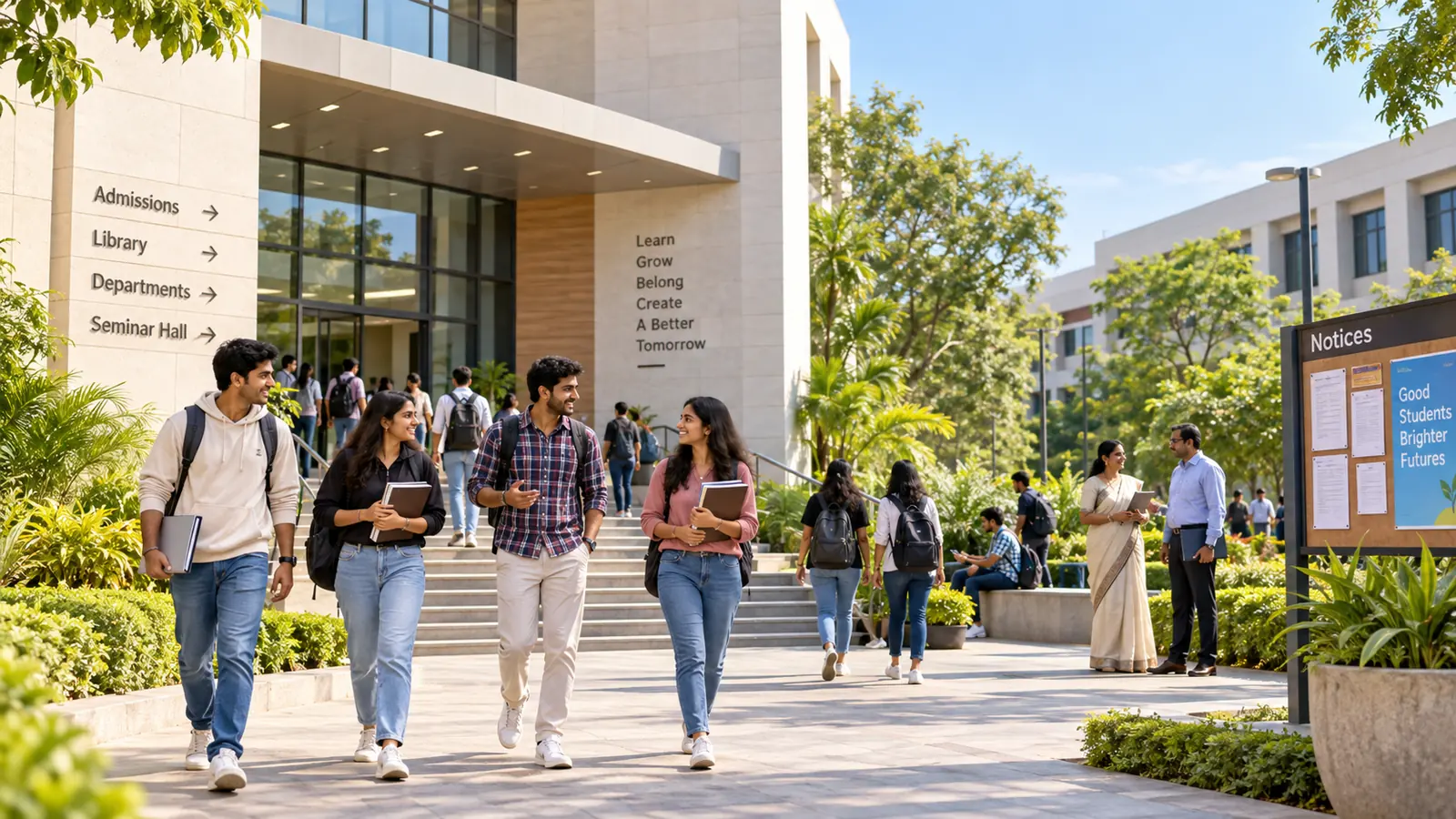 Students walking on a modern campus