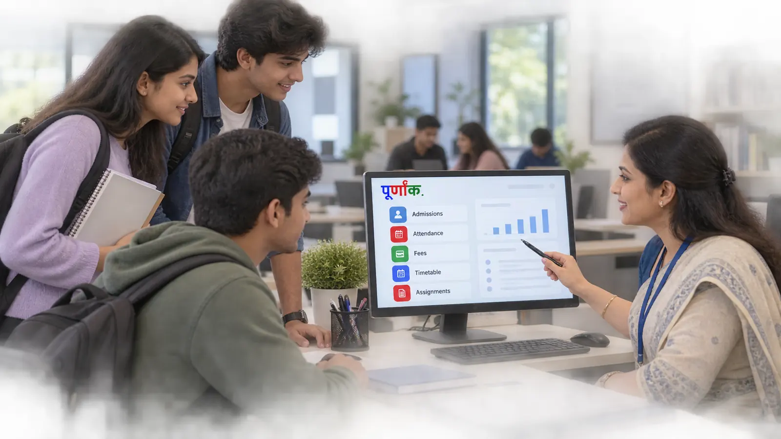 College staff member guiding students through admissions, attendance and fees on Purnank