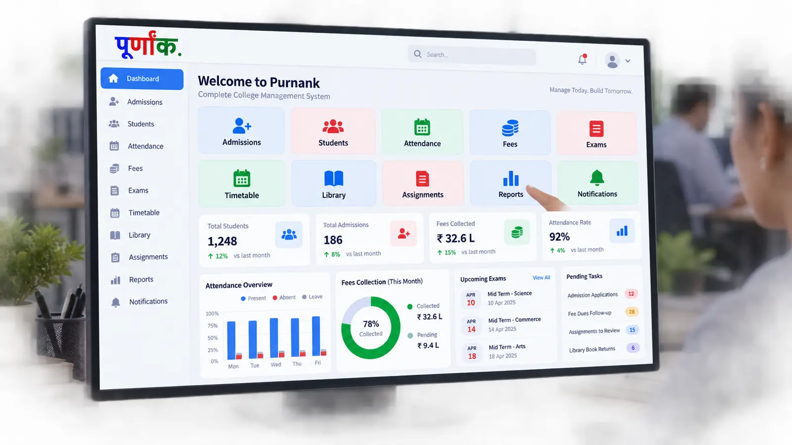 Purnank college dashboard showing admissions, students, attendance, fees and exams